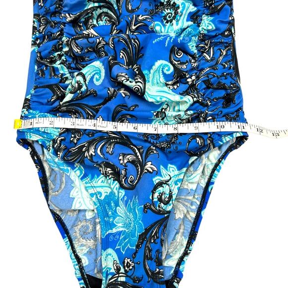 Robby Len One-Piece Swimsuit Blue Black Paisley Print Ruched Soft Cup Women's 10 - Picture 7 of 12